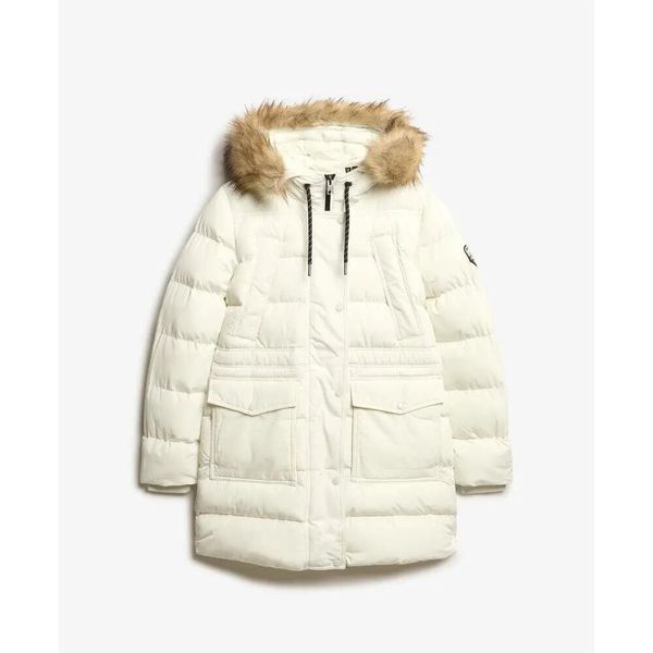 Kurtka puchowa o średniej długości z sztucznego futra damska Superdry. Czarne kurtki damskie Superdry., xs, z aplikacjami, z puchu, bez kaptura. Za 648.40 zł.