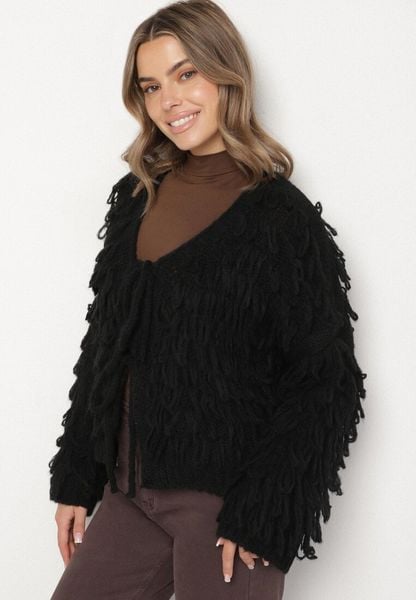 Czarny Wiązany Kardigan z Dodatkiem Wełny i Wiskozy Zdobiony Frędzlami Tiravea. Czarne kardigany damskie Born2be, z aplikacjami, z jeansu. Za 129.99 zł.