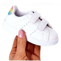 Dziecięce Tenisówki Na Rzepy Biało-Tęczowe Cute Girl białe. Białe trampki i tenisówki dziewczęce bez wzorów, ze skóry, bez zapięcia. Za 112.88 zł.