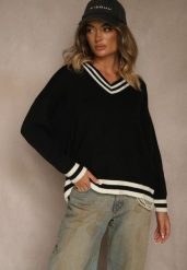 Czarny Sweter Preppy z Dodatkiem Kaszmiru Lincire. Czarne swetry klasyczne damskie Renee, z dzianiny, bez kołnierzyka. Za 119.99 zł.