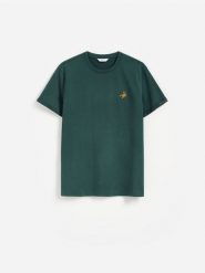 T-shirt regular z haftem - ciemnozielony. Zielone t-shirty męskie Reserved, l, bez wzorów, z bawełny, bez kołnierzyka. Za 59.99 zł.