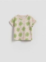 Wzorzysty t-shirt - beżowy. Brązowe koszulki dziewczęce Reserved, m, bez wzorów, z bawełny, bez ramiączek. Za 27.99 zł.