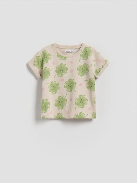 Wzorzysty t-shirt - beżowy. Brązowe koszulki dziewczęce Reserved, m, bez wzorów, z bawełny, bez ramiączek. Za 27.99 zł.