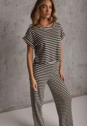 Beżowo-Czarny Komplet z Dzianiny w Paski z Bawełną Bluzka z Krótkim Rękawem i Spodnie Akiseithe. Brązowe spodnie materiałowe damskie Renee, bez wzorów, z bawełny, casualowe. Za 179.99 zł.