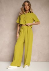 Zielony Komplet Spodnie o Szerokim Kroju i Koszula na Krótki Rękaw Tultebis. Zielone koszule damskie Renee, bez wzorów, eleganckie. Za 59.99 zł.