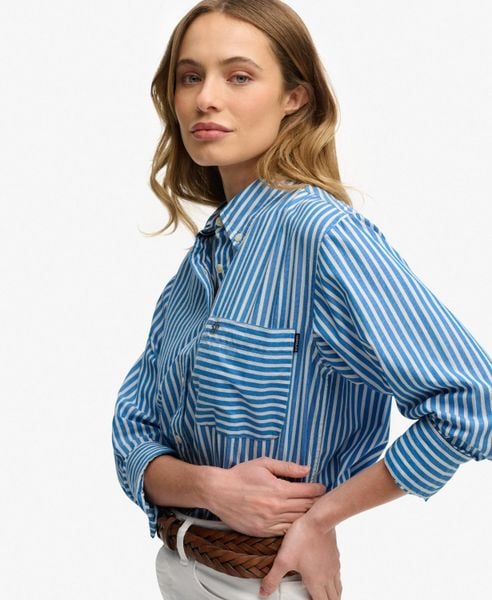 Superdry Koszula Poplin Relaxed długi rękaw – 100% bawełna organiczna. Niebieskie koszule damskie Superdry., uniwersalny, bez wzorów, z bawełny, bez kołnierzyka, bez ramiączek. Za 296.85 zł.