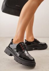 Czarno-Czerwone Eleganckie Półbuty Oksfordki VICES ze Sznurowaniem i Platformą Anatala. Czarne półbuty damskie Renee, bez wzorów, z jeansu, eleganckie, bez obcasa, na platformie. Za 99.99 zł.