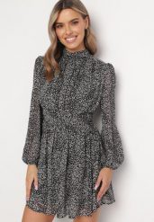 Czarna Mini Rozkloszowana Sukienka ze Stójką w Drobny Print Lailave. Czarne sukienki damskie Born2be, na imprezę, l, bez wzorów, bez kołnierzyka, bez ramiączek, mini, rozkloszowane. W wyprzedaży za 143.99 zł.