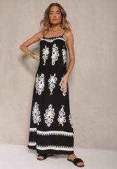 Czarna Rozkloszowana Sukienka na Ramiączkach w Ornamentalny Print Reveleine. Czarne sukienki damskie Renee, na co dzień, l, z aplikacjami, bez kołnierzyka, bez ramiączek, maxi, dopasowane. W wyprzedaży za 52.49 zł.