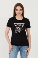 GUESS Czarny t-shirt Icon Tee. Czarne t-shirty damskie Guess, s, z aplikacjami, bez kołnierzyka. W wyprzedaży za 215.99 zł.