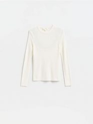Sweter z wełny merino - złamana biel. Swetry klasyczne damskie Reserved, l, z wełny, bez kołnierzyka. Za 199.99 zł.