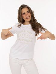 Zwillingsherz Koszulka "Happiness Vibes" w kolorze białym rozmiar: M. Białe bluzki damskie Zwillingsherz, m, bez wzorów, z bawełny, bez kołnierzyka, bez ramiączek. Za 82.99 zł.