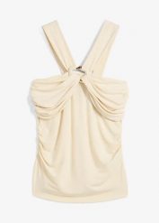 Top z dekoltem typu halter z ozdobną klamrą. Brązowe topy damskie bonprix, bez wzorów, bez kołnierzyka. Za 27.99 zł.