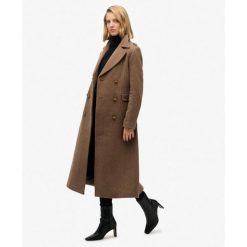 Płaszcz z Mieszanki Wełny z Podwójnym Rzędem Guzików. Brązowe płaszcze damskie Superdry., bez wzorów, z wełny, eleganckie. Za 929.55 zł.