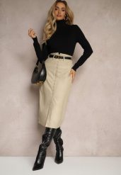 Jasnobeżowa Spódnica z Ekoskóry High Waist z Rozcięciem i Napami z Przodu Asttia. Brązowe spódniczki damskie Renee, na zimę, m, bez wzorów, z bawełny, z podwyższonym stanem, midi, dopasowane. Za 49.99 zł.