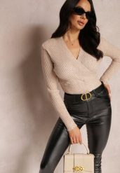 Beżowy Sweter Kopertowy z Prążkowanej Dzianiny Goli. Brązowe swetry klasyczne damskie Renee, s, z dzianiny, bez kołnierzyka. Za 39.99 zł.