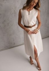 Beżowa Pudełkowa Sukienka z Wiskozą Bawełną Guzikami i Paskiem Magmaris. Brązowe sukienki damskie Renee, do pracy, na lato, l, bez wzorów, z bawełny, biznesowe, bez kołnierzyka, bez ramiączek, midi. Za 139.99 zł.