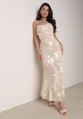 Beżowa Koktajlowa Sukienka Siateczkowa z Odkrytymi Plecami z Wiązaniem Cezelle. Brązowe sukienki damskie Born2be, l, z aplikacjami, z materiału, eleganckie, bez kołnierzyka, bez ramiączek, maxi, kopertowe. Za 199.99 zł.