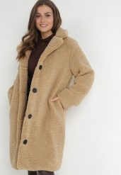 Beżowy Płaszcz Futrzany Teddy Gavi. Brązowe płaszcze damskie Born2be, l, bez wzorów, z futra, eleganckie. Za 299.99 zł.