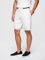 Wiskozowe strukturalne szorty męskie REGULAR - białe V1 - Rozmiar: L. Białe szorty męskie Ombre Clothing, bez wzorów, z dzianiny, biznesowe. W wyprzedaży za 174.99 zł.