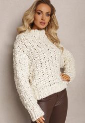 Jasnobeżowy Sweterkowy Półgolf z Szydełkowanej Włóczki Klimvi. Brązowe kardigany damskie Renee, m, bez wzorów. Za 189.99 zł.