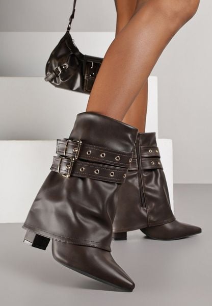 Brązowe Botki Typu Kowbojki na Obcasie z Wywiniętą Cholewką i Klamrami Cidvire. Brązowe botki damskie Born2be, z jeansu, eleganckie, bez obcasa, na obcasie, bez zapięcia. Za 119.99 zł.