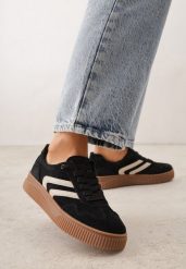 Czarne Sneakersy Retro Tenisówki z Naturalnego Zamszu ze Skórzaną Wkładką Beralene. Czarne trampki i tenisówki damskie Renee, bez wzorów, z koronki. Za 189.99 zł.