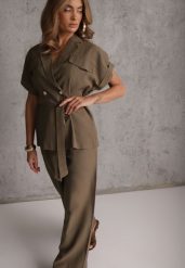 Zielony Wiskozowy Komplet z Lnem Spodnie Wide Leg i Bluzka o Kroju Marynarki Daprise. Zielone marynarki i żakiety damskie Renee, l, bez wzorów, z wiskozy, eleganckie. Za 299.99 zł.