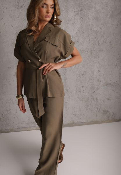Zielony Wiskozowy Komplet z Lnem Spodnie Wide Leg i Bluzka o Kroju Marynarki Daprise. Zielone marynarki i żakiety damskie Renee, bez wzorów, z wiskozy, eleganckie. Za 269.99 zł.