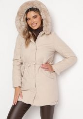 Jasnobeżowa Kurtka Parka ze Ściągaczem i Kapturem z Futerkiem Nephira. Brązowe kurtki damskie Born2be, l, bez wzorów. Za 269.99 zł.