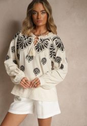 Beżowa Bluzka Oversize z Bawełny z Ornamentnym Wzorem Nilindea. Brązowe bluzki damskie Renee, l, bez wzorów, z bawełny, eleganckie, bez kołnierzyka, bez ramiączek. Za 139.99 zł.