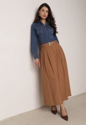 Brązowa Wiskozowa Spódnica o Rozkloszowanym Kroju z Rozcięciem i Paskiem Jaelia. Brązowe spódniczki damskie Born2be, l, bez wzorów, z wiskozy, biznesowe, maxi, koszulowe. Za 119.99 zł.