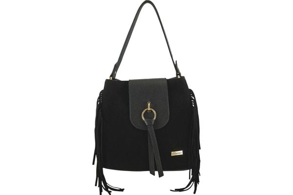 Skórzana torebka boho z frędzlami - Czarna. Czarne torebki klasyczne damskie Barberinis, bez wzorów, ze skóry, małe, bez dodatków. Za 286.99 zł.