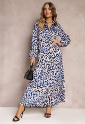 Granatowo-Niebieska Rozkloszowana Sukienka Koszulowa w Fantazyjny Print Alendia. Niebieskie sukienki damskie Renee, l, bez wzorów, bez kołnierzyka, bez ramiączek, maxi, koszulowe. W wyprzedaży za 118.99 zł.