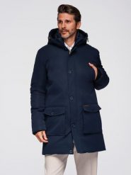 Elegancka męska parka z kieszeniami cargo i kapturem – granatowa V2. Niebieskie parki męskie Ombre Clothing, m, bez wzorów, z materiału. Za 659.99 zł.