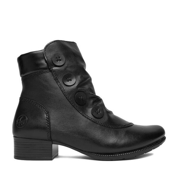 Botki Rieker. Czarne botki damskie Rieker, bez obcasa, na słupku, bez zapięcia. Za 289.99 zł.