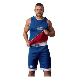 Dwustronny turniejowy strój bokserski DBX Bushido. Niebieskie szorty męskie DBX BUSHIDO, bez wzorów, z materiału. Za 289.99 zł.