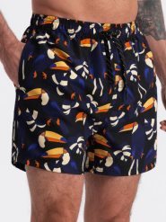 Szorty męskie kąpielówki w tukany - czarno-granatowe V1 OM-SRBS-0140 - XL. Niebieskie kąpielówki męskie Ombre Clothing, l, bez wzorów, z poliesteru, do pływania. Za 53.99 zł.