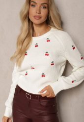Biały Sweter z Wiskozą i Haftowanymi Wisienkami Vaioria. Białe swetry klasyczne damskie Renee, z jeansu, bez kołnierzyka. Za 109.99 zł.