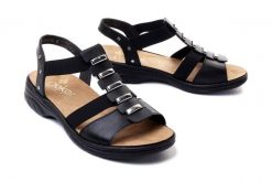 RIEKER 64580-00 black, sandały damskie. Czarne sandały damskie Rieker, bez wzorów, bez obcasa. Za 255.92 zł.