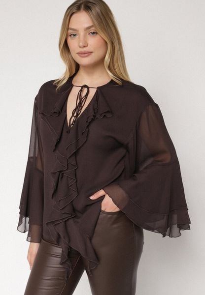Brązowa Bluzka w Rustykalnym Stylu z Wiązaniem i Falbankami Nenarea. Brązowe bluzki damskie Born2be, l, bez wzorów, z jeansu, biznesowe, bez kołnierzyka, bez ramiączek. Za 119.99 zł.