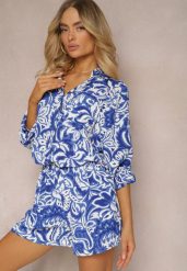 Granatowo-Biały Dwuczęściowy Komplet Koszula z Długim Podpinanym Rękawem Szorty z Gumką w Talii Bellafaie. Niebieskie koszule damskie Renee, na lato, l, bez wzorów, z materiału, bez kołnierzyka, bez ramiączek. Za 99.99 zł.