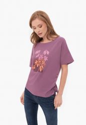 Koszulka z motywem liści T-PLANTS. Fioletowe t-shirty damskie Volcano, s, bez wzorów, z bawełny, bez ramiączek. Za 59.99 zł.