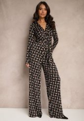 Czarny Kopertowy Kombinezon z Wiskozą z Szerokimi Nogawkami i Paskiem w Geometryczny Wzór Botavia. Brązowe kombinezony damskie Renee, l, bez wzorów, z materiału, eleganckie, bez kołnierzyka, bez ramiączek, długie. Za 129.99 zł.