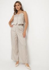 Beżowy Wiskozowy Komplet w Pionowe Paski Szerokie Spodnie i Top Firtebia. Brązowe spodnie materiałowe damskie Born2be, bez wzorów, z bawełny, eleganckie. Za 219.99 zł.