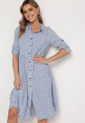 Jasnoniebieska Rozkloszowana Sukienka Koszulowa Midi Maijane. Niebieskie sukienki damskie Born2be, xl, bez wzorów, bez kołnierzyka, bez ramiączek, midi, koszulowe. W wyprzedaży za 67.99 zł.