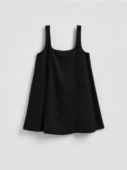 Lniana sukienka mini - czarny. Czarne sukienki damskie Reserved, l, bez wzorów, z tkaniny, bez kołnierzyka, bez ramiączek, mini, rozkloszowane. Za 149.99 zł.