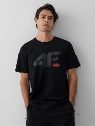 4F T-shirt regular z nadrukiem męski - czarny S. Czarne t-shirty męskie 4f, m, bez wzorów, z bawełny, bez kołnierzyka. Za 69.99 zł.