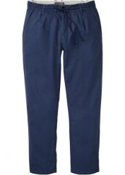 Spodnie ze sznurkiem w pasie z mieszanki lnu o prostych nogawkach i kroju relaxed fit. Niebieskie spodnie materiałowe męskie bonprix, bez wzorów. Za 169.99 zł.