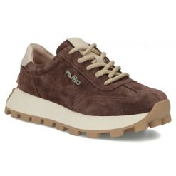 Skórzane półbuty sneakersy na platformie brązowe Filippo DP7498. Brązowe półbuty damskie Filippo, bez wzorów, ze skóry, sportowe, bez obcasa, na platformie. Za 219.99 zł.